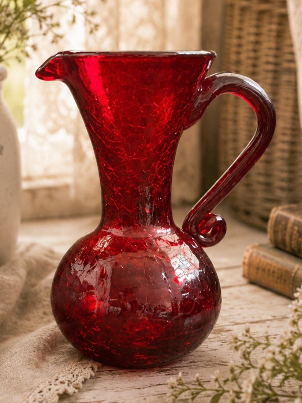 Vintage Mid-Century American Hand-Blown Ruby Red Crackle Glass Pitcher Bud Vase